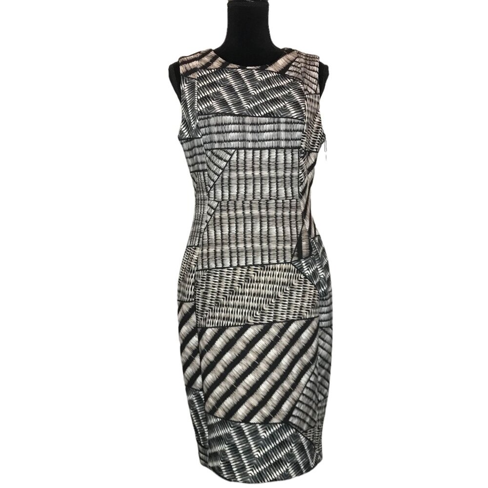 Calvin Klein Abstract Sleeveless Sheath Dress in Gray / Black - Sz 10 - New